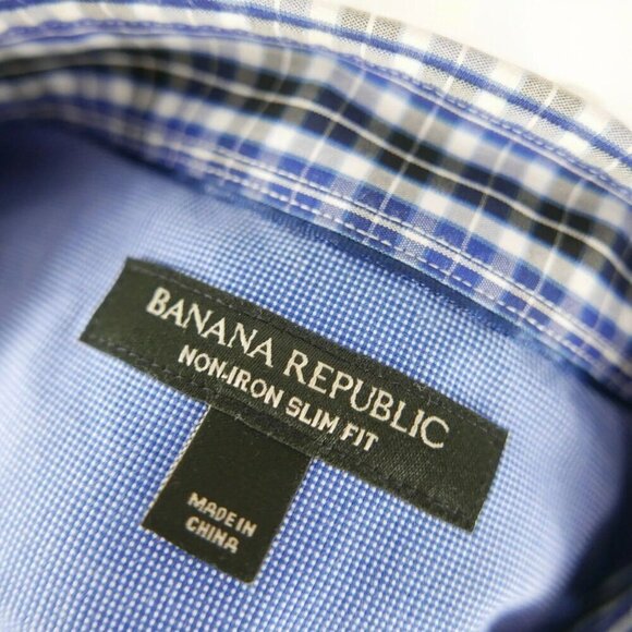 Banana Republic Slim Mens Long Sleeve Blue Black Plaid Button Down Shirt Large - Picture 7 of 12